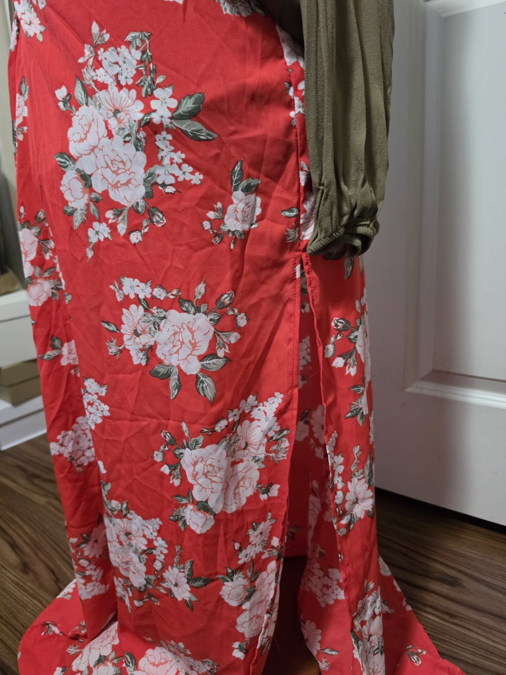 FAVLUX Red Floral Maxi Skirt with Side Slit
